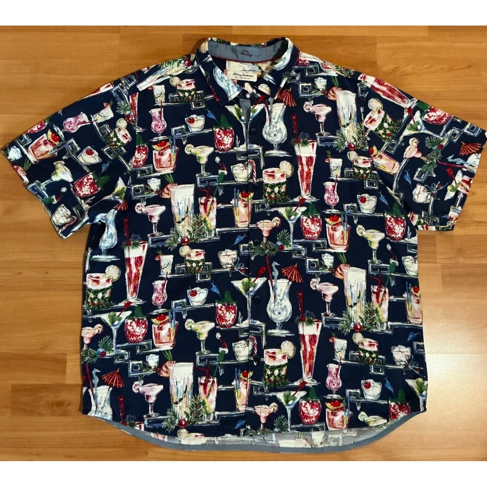 Tommy Bahama Veracruz Cay Mens XL Blue Cocktail Print Short Sleeve Shirt